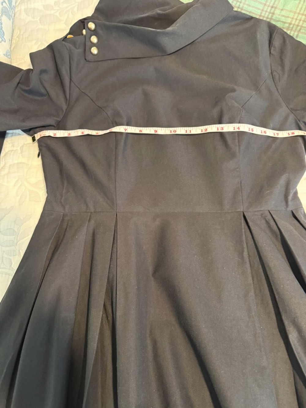 Elegant Black Midi Fit-and-Flare Dress with Buttoned Asymmetrical Neckline #144 - Picture 7 of 9